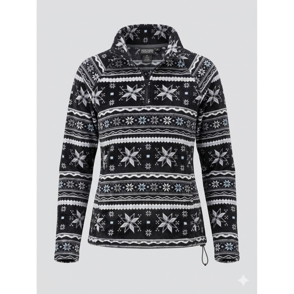 Eddie Bauer Womens‎ Fair Isle Snowflake Fleece Quarter Zip Pullover Black L